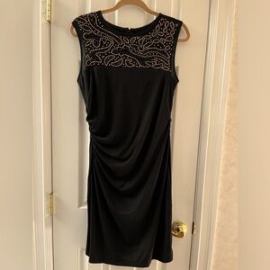 Beautiful black dress with gold & black beads! Sleeveless, ruched at waist.